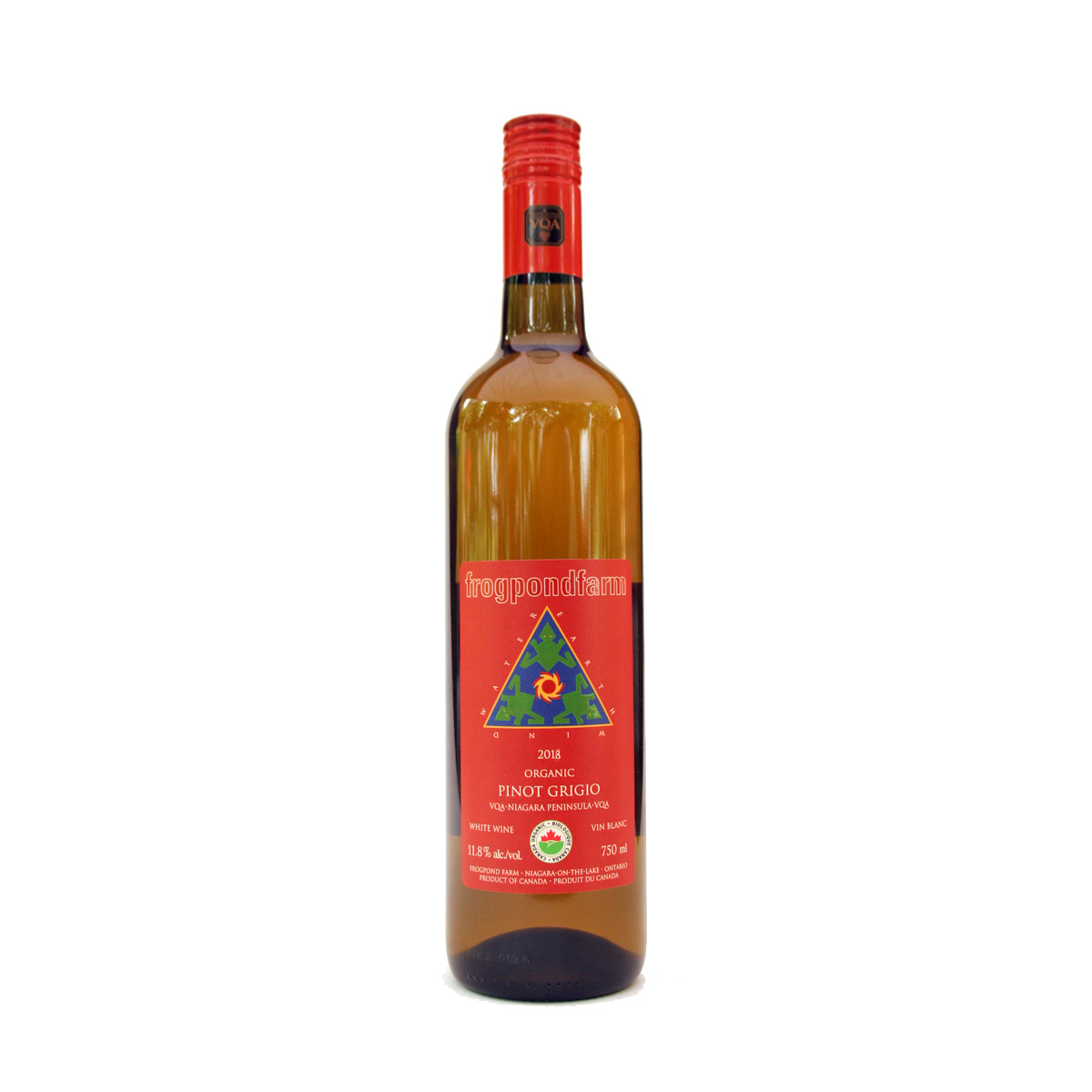 Frogpond Farm | Single bottle of Frogpond Farm certified organic 2018 Pinot Grigio wine on a white background.